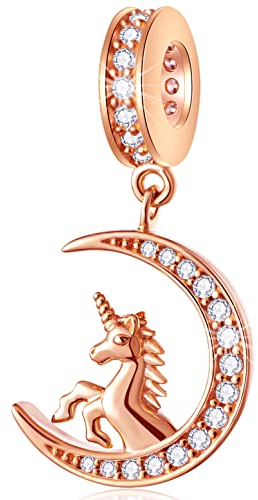 Rose Gold Unicorn Charms on Moon Pendant fit Pandora Christmas Bracelet, 925 Sterling Silver Magical Unicorn Horse on Sparkling Crescent CZ Dangle Beads, Gift for Kid/Niece/Graduation