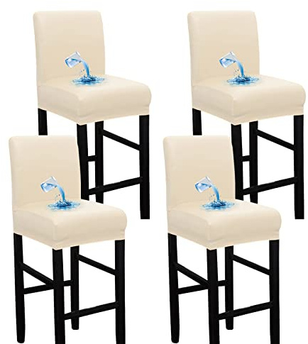 Bestenrose Wasserdicht Stuhlhussen 4er Set BarStuhlhussen PU Leder Stuhlbezug Barhocker Bezüge Stretch Hochhocker stuhlbezüge Stuhlbezug für Esszimmerstuh (Beige, 4 Stück)
