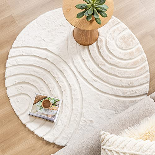 FRAAI | Home & Living Hochflor Teppich Rund - Carvy Arches Creme - Boho, Modern, Skandinavisch - Wohnzimmer, Esszimmer, Kinderzimmer, Schlafzimmer - Fellteppich - Carpet