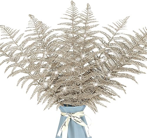 12 foglie di Natale glitterate, ornamenti per alberi di Natale, foglie tropicali, decorazioni artificiali, foglie di felce glitterate per albero di Natale, decorazioni ornamentali (champagne)