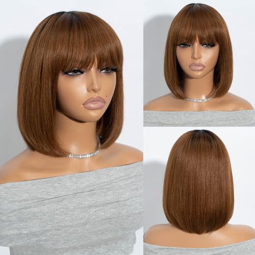 Joedir Echthaar-Perücken Gerade Bob-Perücke mit Pony Kurze Bob-Perücken für Frauen Dunkle Wurzeln Braun Keine Lace Front Perücken 26 CM