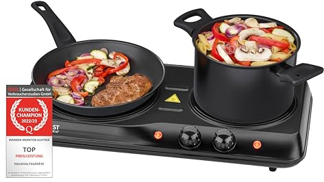 TZS First Austria - Placa de cocción doble infrarrojos vitrocerámica TODOS los tipos de ollas 2000W - Mini Hornillo eléctrico para mudanza, camping y hogar - Regulación continua y luz de control