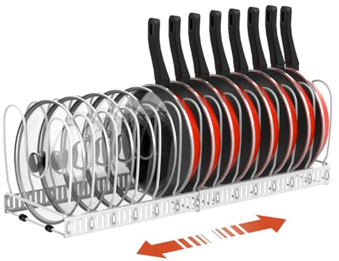 Housolution Organizador de Ollas y Sartenes, Extensible Organizador Tapas Ollas con 14 Compartimentos Ajustable, Soporte Tapas Ollas y Sartenes para Cocina, Blanco
