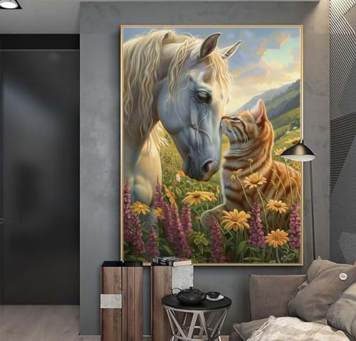 Katze Und Pferd Diamond Painting Erwachsene 30x40 cm DIY Diamant Painting Bilder Kinder, Full Drill Diamond Art Painting, 5D Mosaic Kunst Malen Nach Zahlen Malerei Stickerei Set, Home Wand Dekor y260