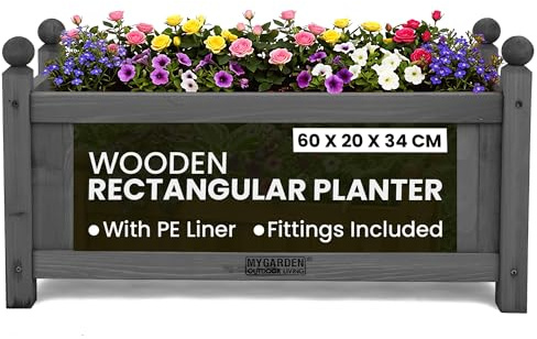 My Garden Wooden Rectangular Trough Planter with PE Liner - 60 x 20 x 34 cm Weather Resistant Wooden Planter Box for Patios, Gardens & Decking - UV Resistant, Easy Assembly, Ideal for Plants & Shrubs