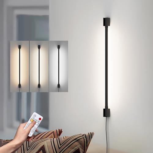 Aipsun Wandleuchte LED Innen mit Stecker, 12W 800LM, wandleuchte mit fernbedienung, Dimmer（3000K-6000K）, Timer-Fernbedienung für Wohnzimmer, Schminktisch,Schlafzimmer,Treppenhaus, Schwarz, 80CM