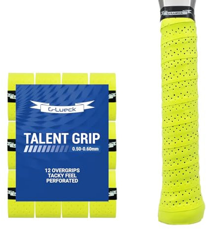 G-Lueck 12er Set Tennis Overgrip Talent Grip mit Perforation | 0,50-0,60mm Stärke | Griffband für Squash Badminton Schläger mit Selbstklebendem Abschlußband | sehr griffig, Anti-Rutsch (Neon-Gelb)