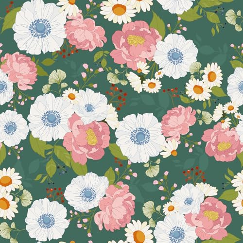 VEELIKE Kiefer Grün Blumentapete Selbstklebende Tapete Blumen Vintage Beeren Gänseblümchen Mustertapete 44.5cmx300cm Fototapete Blumen Rosa Weiß Schlafzimmer Badezimmer Abnehmbar Mieter Freundlich