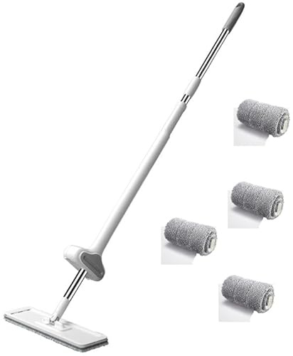 Mocio piatto auto-strizzante, in microfibra, a mani libere, con 4 panni riutilizzabili e 1 raschietto, strizzatura facile da asciugare, mocio antipolvere per legno duro, laminato, scopa a 360° mani