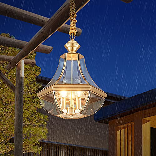 Lámpara colgante de cobre para exteriores, lámpara colgante impermeable IP44 para exteriores, lámpara colgante E14 de 3 luces, lámpara de techo antioxidante, luminaria suspendida, iluminación para