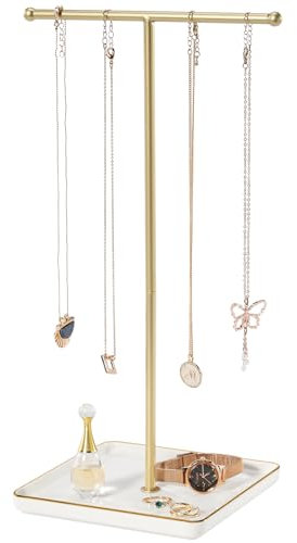 Lolalet Necklace Holder, Jewellery Display Stand with Ceramic Base Tray Jewellery Organizer Tree for Necklaces Bracelets Earrings Rings -White, 1 Tier