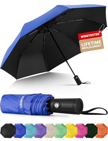 Seniny Windproof Travel Umbrella, Automatic Umbrellas for Rain, Portable & Compact Umbrellas for Backpack, Strong UV for Protection, Folding Small Sun Umbrella for Car, Walking, Dark Blue