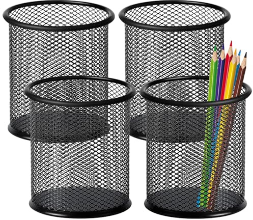 Mgood Pen Holder for Desk Metal Mesh Pen Pot Round Black Pencil Pot