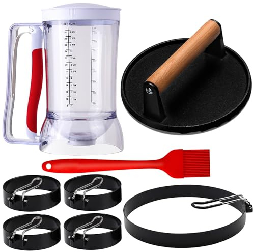 Fapinuky Blackstone 8 Piece Breakfast Kit - Complete Set Griddle, Pancake Dough Dispenser, Bacon Press, Egg Rings and Grease Brush Included