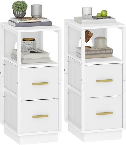 Hzuaneri Nachttisch 2er Set, Beistelltisch mit Offenes Fach, Schmal | mit 2 Stoffschublade, Modern, für Schlafzimmer, Wohnzimmer, 30 x 24 x 60 cm, Weiß NS62303W