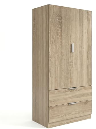 duehome | Armario de 2 Puertas y 2 cajones, Modelo Lark, Acabado en Color Roble, Medidas: 81 cm (Ancho) x 180 cm (Alto) x 52 cm (Fondo)
