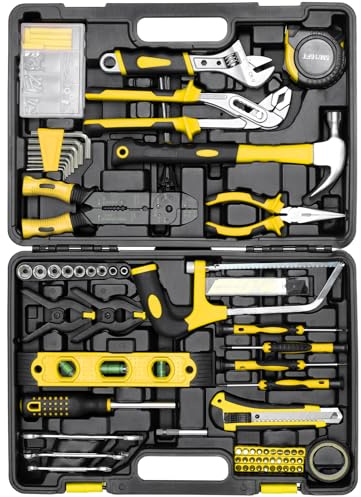 TLGREEN Malette à Outils 218 Pièces, Boite a Outils Complete,Caisse à Outils Portable avec Tournevis Clé à Molette Pince Multiprise Marteau et Scie, Coffret à Outils pour Maison Garage (jaune)