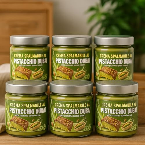 Crema Spalmabile al Pistacchio Dubai – 200g – Gusto Intenso e Cremoso – Ideale per Dolci, Torte e Merende – Disponibile in Confezione Singola o Multipla da 6 Vasetti (6 Vasetti da 200g)