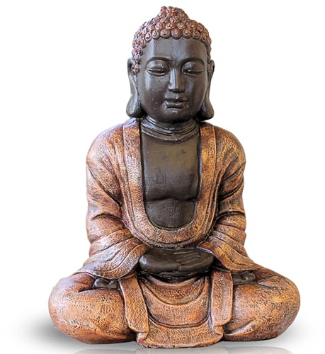Garden Pley - Buda Grande Tibetano 59 cm para Jardín, Acabado Caoba | Budas grandes de jardín fabricados en piedra artificial, ideales como budas decorativos para exterior