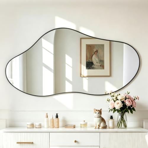 Ymahizax Wandspiegel, dekorativer Spiegel für Das Badezimmer asymmetrischer Spiegel Flur Schminken Ankleiden Wandspiegel schwarz mit Metall Rahmen Wohn-/Schlafzimmer Dekor (98 x 45 cm)