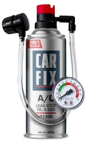 CARFIX Hobby, remplacement r134a, Produit d'étanchéité, réfrigérant, recharge de climatisation de voiture, équivalent 660g, 1 boîte, 3 en 1, 235g, avec Tuyau intégré, manomètre et Adaptateur