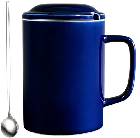 NIUKOMY 1000ml/33oz Large Ceramic Coffee Mug with Lid & Spoon, Blue