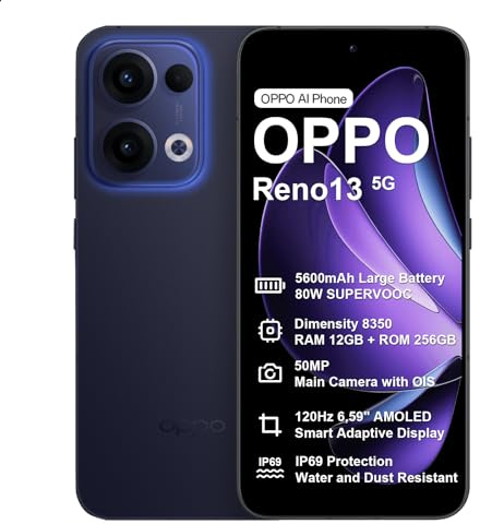 OPPO Reno13 5G 12+256Go, IA Smartphone Android Débloqué, Téléphone Portable, Dimensity 8350 5G, Écran 120Hz 6,59 AMOLED, SUPERVOOC 80W, Batterie 5600mAh, IP69, Caméra AI 50MP, Vidéo 4K, NFC, Bleu