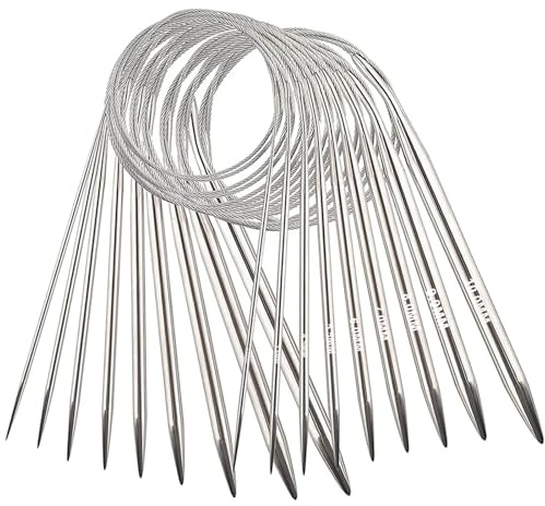 Rundstickor 60 cm 9 stycken rostfritt stål rundstickor set 2,5–10 mm sticknålar långa för nybörjare, rund sticknål virknål för pullover halsduk mössa filt kläder eller stort projekt