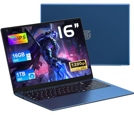 CHIFUYOU Ordinateur Portable 16 Go RAM 1 to SSD Entreprise Pc Portable 16 Pouces N150 3,6 GHz, Win 11 Pro, 1920 x 1200 p, 6000 mAh, Clavier rétroéclairé-Bleu