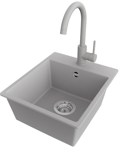 PRIMAGRAN Fregadero Granito al Mueble 40cm + Grifo, 38x44cm | Set: Grifo BW5010 + Kit de desagüe (sifón, válvula, rebosadero) + Riga Easy 1 Seno para Cocina, Gris