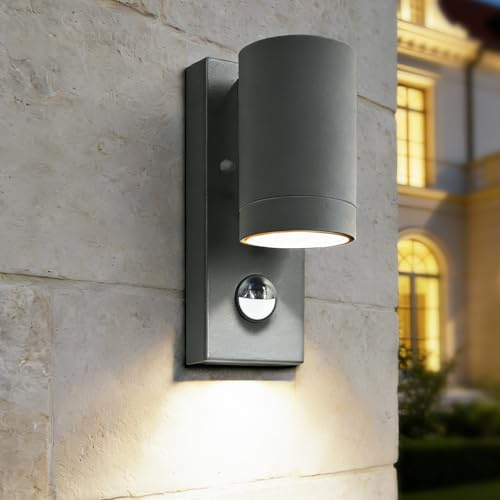 EBION PIR Outdoor Wall Lights with Motion Sensor,Mains Powered,GU10,1 Pack | Anthracite Aluminium Outside Wall Downlight,Exterior Garden Wall Lamp for Front Door,Porch,Patio(Bulb Not Included)