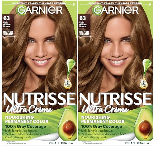 Garnier Nutrisse Ultra Crème Hair Color, Permanent Hair Dye with 100% Gray Coverage, Vegan & Cruelty-Free, 63 Light Golden Brown (Brown Sugar), 2 Count