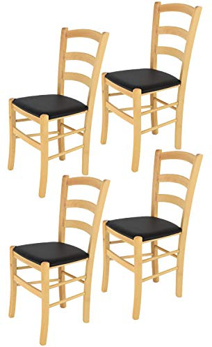 Tommychairs - 4er Set Stühle Venice für Küche und Esszimmer, robuste Struktur aus lackiertem Buchenholz im Farbton Naturfarben und gepolsterte Sitzfläche mit Kunstleder in der Farbe Schwarz bezogen