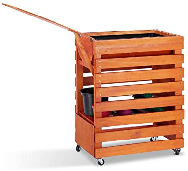 Relaxdays Hochbeet aus Holz, mit Rollen, Ablage, Pflanzkasten Balkon, Kräuterbeet, Paulownia, HxBxT: 75x59x36 cm, Natur