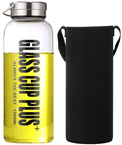 jerbro 1.5L Borosilicate Glass Water Bottle with Filter Eco-Friendly Reusable for School Home Office Travel Sport Yoga Gym Outdoor Hot Cold Drinks + Carrying Sleeve - 1500 ml
