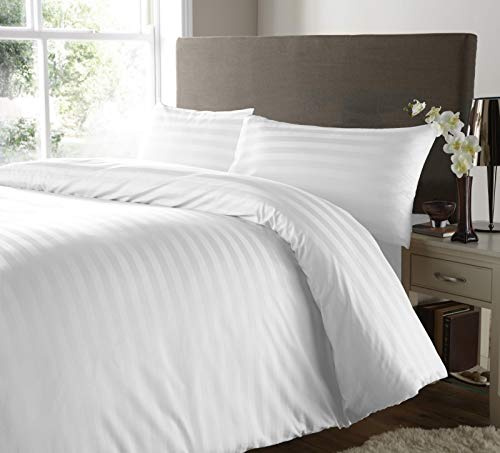 Hanfords - Juego de ropa de cama con funda de edredón a rayas de satén, 100% algodón egipcio de 400 hilos, calidad hotelera, con fundas de almohada 400TC (blanco, super king)