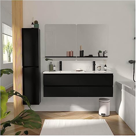 Badezimmermöbel, Doppelwaschtisch, 120 cm, Schwarz Carbon + Säule + 2 Spiegel Sorrento