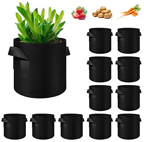 WHATWEARS 12-Pack 5 Gallon Plant Grow Bags, Thickened Nonwoven Fabric Pots with Handles, Vegetable Planter Bags Containers, Cloth Planters for Garden Vegetable/Flower/Plant/Fruits Outdoor (Black)