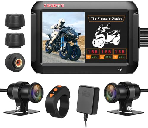 VSYSTO WiFi Motorcycle Dash Camera, 3 Tire Pressure Sensors, Parking Monitoring, Waterproof GPS 4'' Screen 1080P 150° Wide Angle Front and Rear Cam Positive/Reversed Three Wheeled Motorbike DVR System