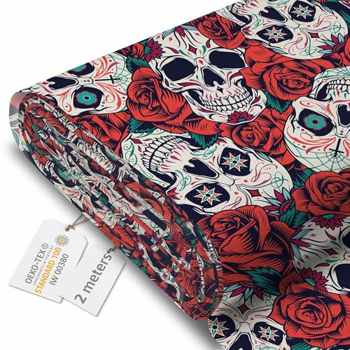 DreamRoots Markisenstoff Meterware, Red Roses Skull, 2 m | Oxford Segeltuch, wasserdicht, Polsterstoff Meterware, 220 g/m² 600D, 160 cm breit, für außen & Deko