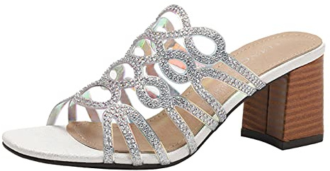 Sandali estivi da donna con decorazione con strass alla moda con tacco quadrato lucido tacco spesso comodi antiscivolo scarpe di grandi dimensioni sandali zeppe per donna taglia 11, Argento, 38 EU