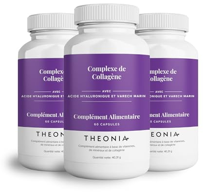 Complexe de collagène Theonia 180 capsules, acide hyaluronique et varech marin, vitamine E, C, biotine, ongles sains, peau, métabolisme des articulations des cheveux, supplément marin de type 1
