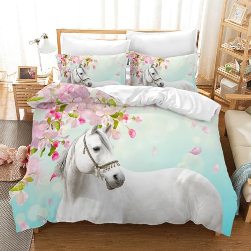 CXYXHW Bettwäsche Set 3 Teilig Bettbezüge 3D-Druck Tiere Pferd Motiv Bettbezug,Mikrofaser,Pflegeleicht,mit Kissenbezug,für Jugendliche Kind Junge Mädchen (E, 135x200cm)