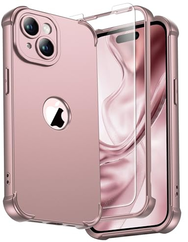ORETECH Cover Compatibile con iPhone 15, Custodia iPhone 15 con [2 x Pellicola Protettiva Vetro Temperato] 360 Protezione Completa Ultra Sottile Hard PC TPU Silicone Antiurto Cover-Rosa