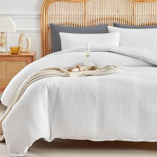 WARMDERN Våffelväv vitt påslakanset queen size, strukturerad, 3 delar | Dragkedjestängning, 4 hörnband, hela säsongen, maskintvättbar, mjuk, andningsbar, lätt sängklädesset, hållbar, sovrum