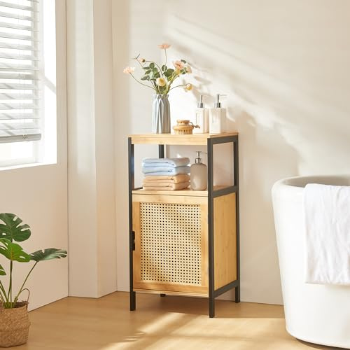 [en.casa] Badezimmerschrank Tervola Toilettenschrank schmaler Badschrank mit offenem Fach Schranktür in Rattanoptik Midischrank 80x40x35cm Bambus Schwarz