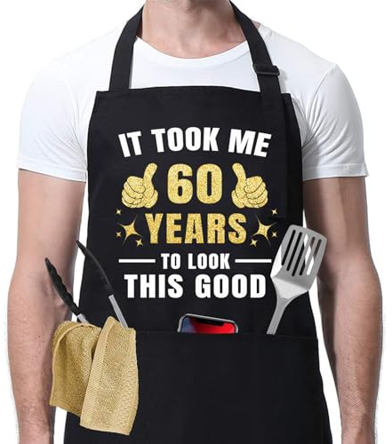 Lrtyuasq Regalos de cumpleaños número 40, 45, 50, 55, 60, para mujeres y hombres, divertido delantal de chef para mujeres y hombres, asar, cocinar y hornear, Ajustable en 60 grados, Talla única