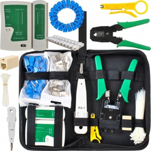 Netzwerk Tester Set - Kabeltester - Crimpzange - Abisolierzange - Kabelbinder - LSA Zange - UTP, FTP, STP RJ45, RJ11 Tester - Inklusive Koffer