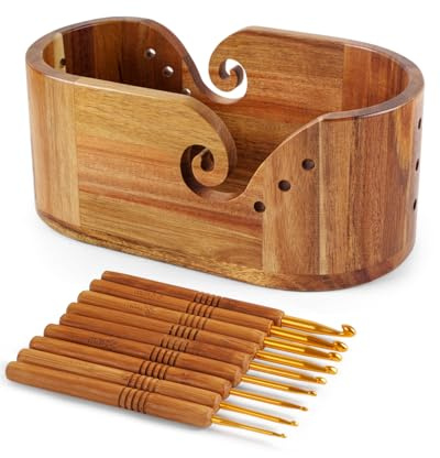 Ovale Garnschale, Häkelgarnhalter mit 9 Strickhaken, Garnaufbewahrung, Häkelschale, Stricken für Häkelarbeiten, große Garnschale, Akazienholz, 28,7 x 15 x 11,9 cm (Akazien-Garnschale)