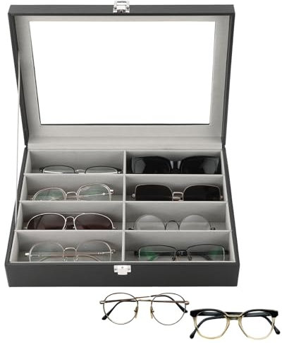 DASBET 8 Slots Sunglasses Eyeglasses Storage Box Sunglasses Organizer Case for Women Men Leatherette Eyeglasses Display Case with Lock Black Eyewear Organizer Storage Box